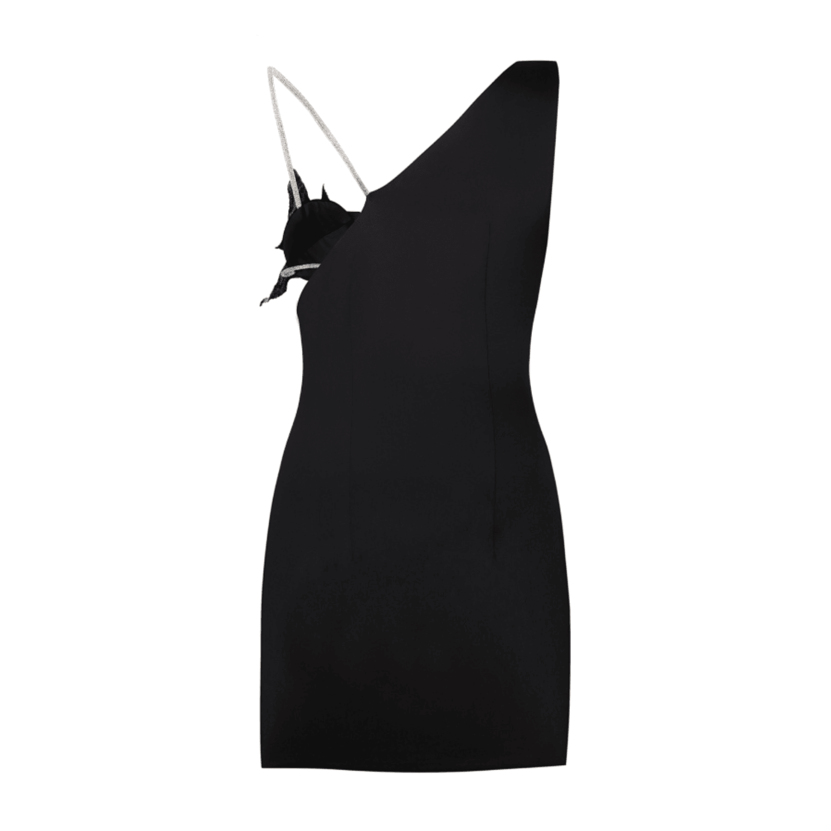 Rhinestone One Shoulder Deep V-Neck Floral Applique Bodycon Mini Dress