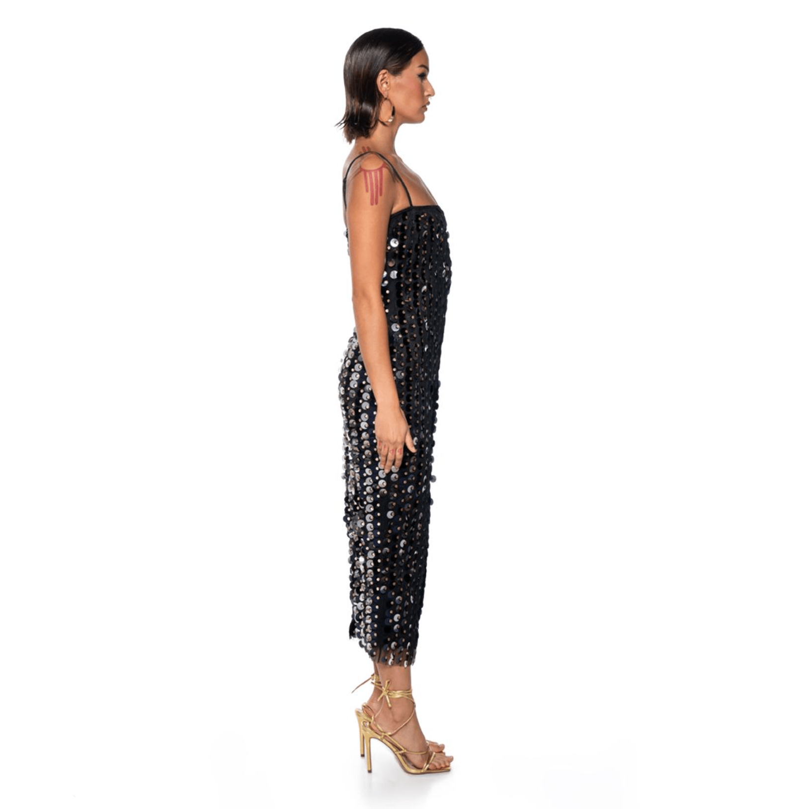 Sequin Spaghetti Strap Square Neck Column Midi Dress