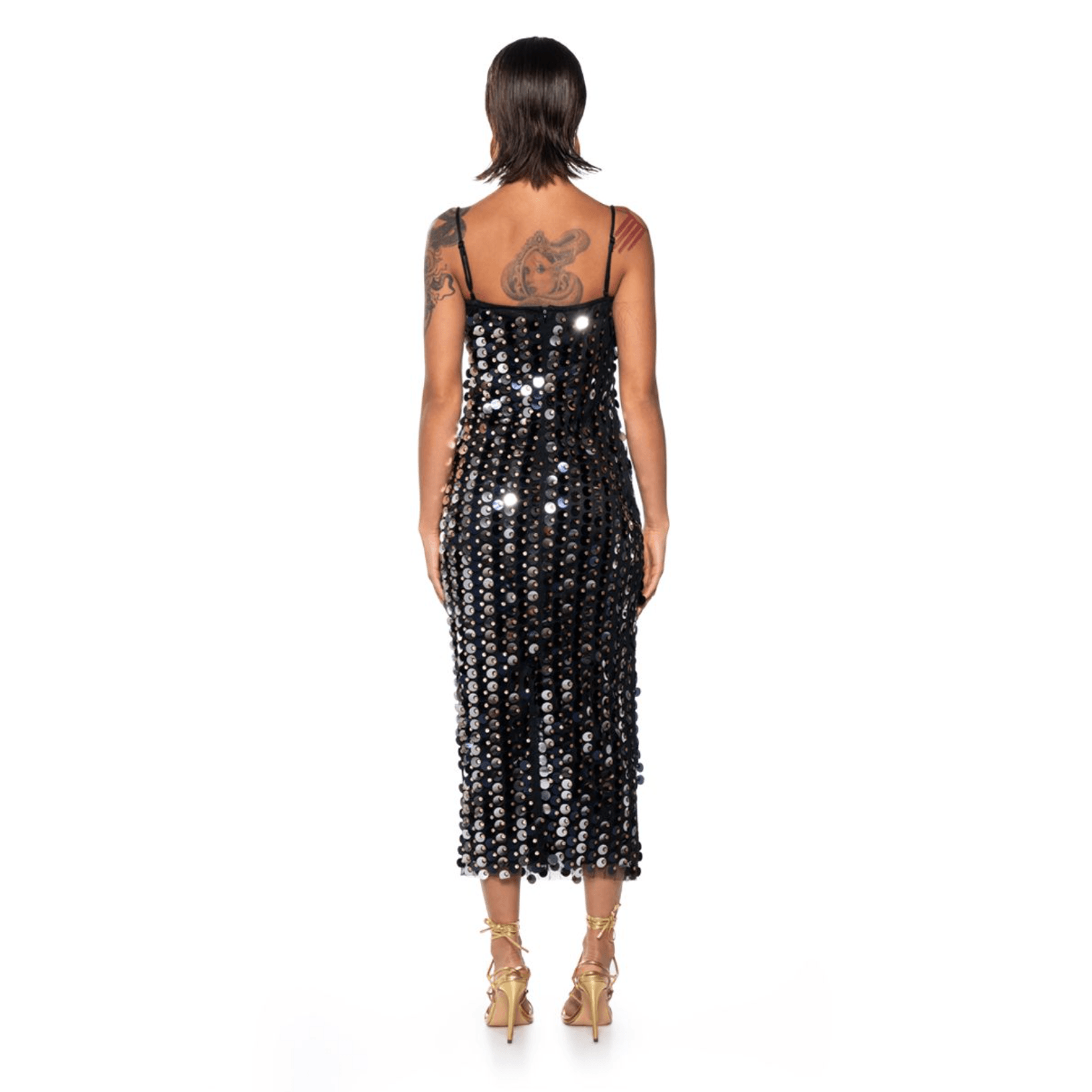 Sequin Spaghetti Strap Square Neck Column Midi Dress