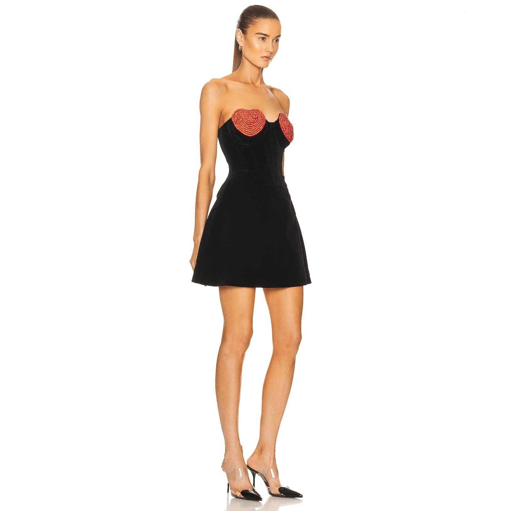 Velvet Strapless Corset Boned Bodice Heart Applique Fit and Flare Mini Dress