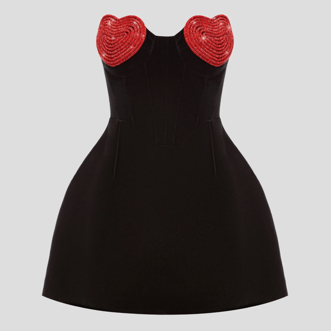 Velvet Strapless Corset Boned Bodice Heart Applique Fit and Flare Mini Dress