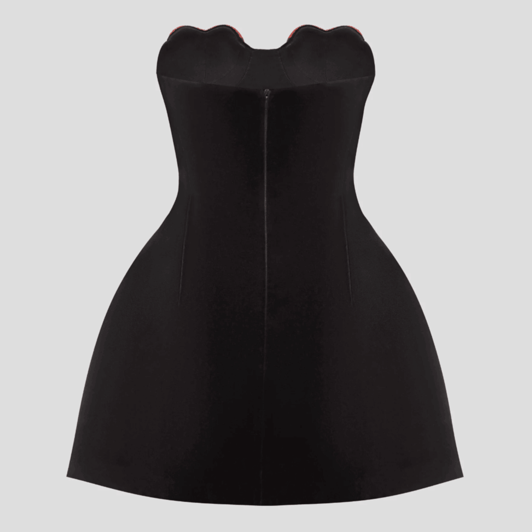 Velvet Strapless Corset Boned Bodice Heart Applique Fit and Flare Mini Dress