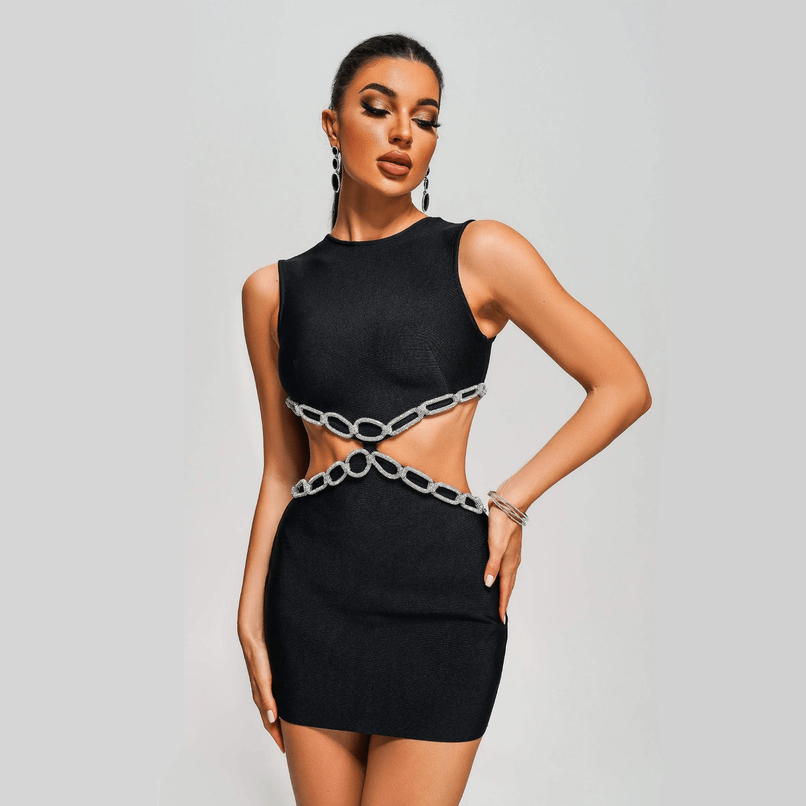 Crew Neck Sleeveless Rhinestone Chain Cut Out Bodycon Mini Dress