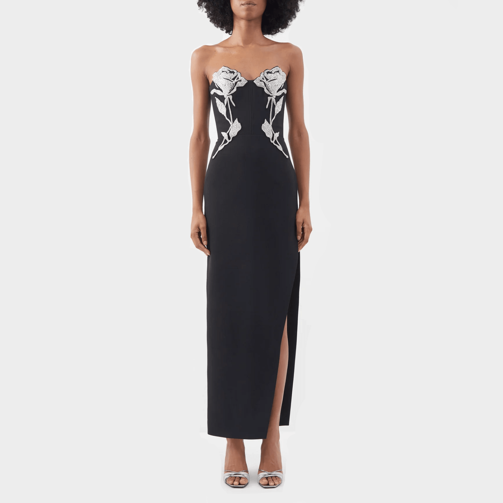 Strapless Rhinestone Rose Corset Bodice High Split Maxi Gown