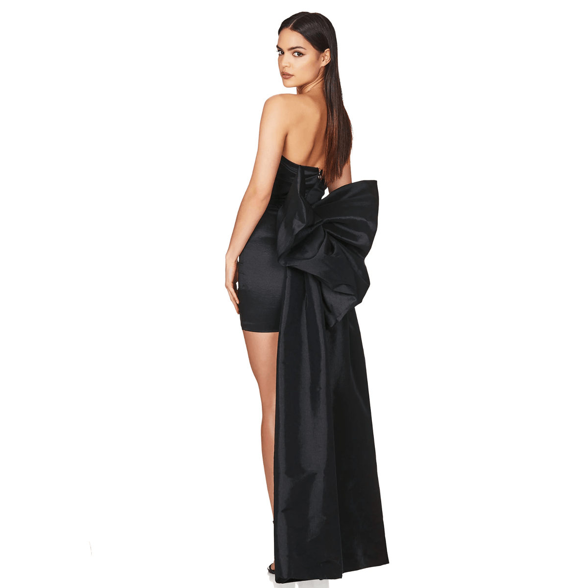 Strapless Satin Ruched Oversized Back Bow Train Mini Dress 12