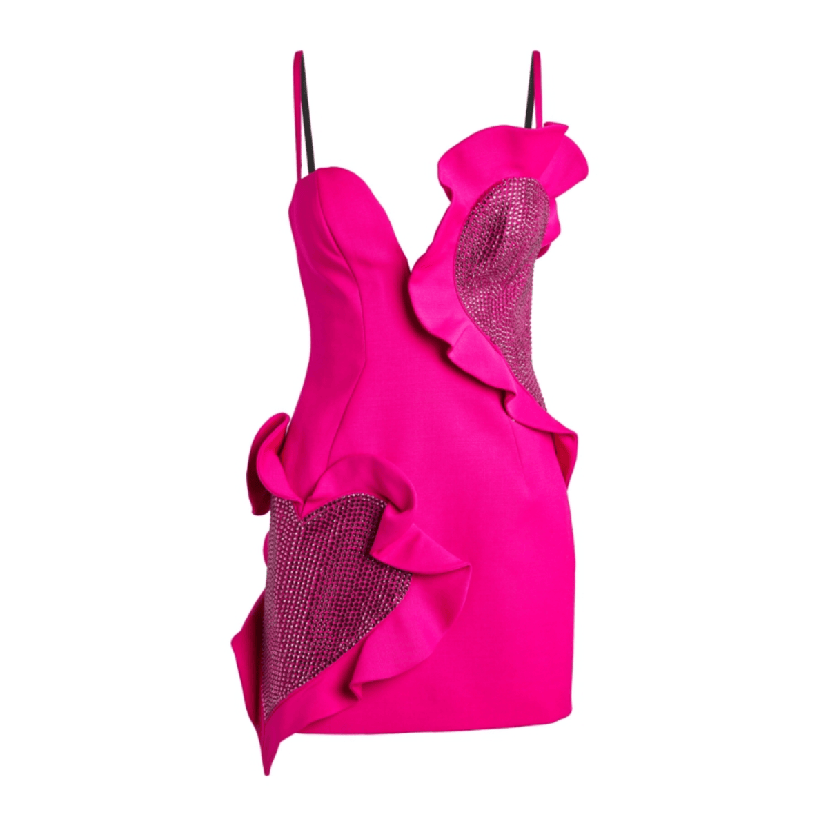 Rhinestone Heart Ruffle Trim Plunge Spaghetti Strap Mini Dress 11