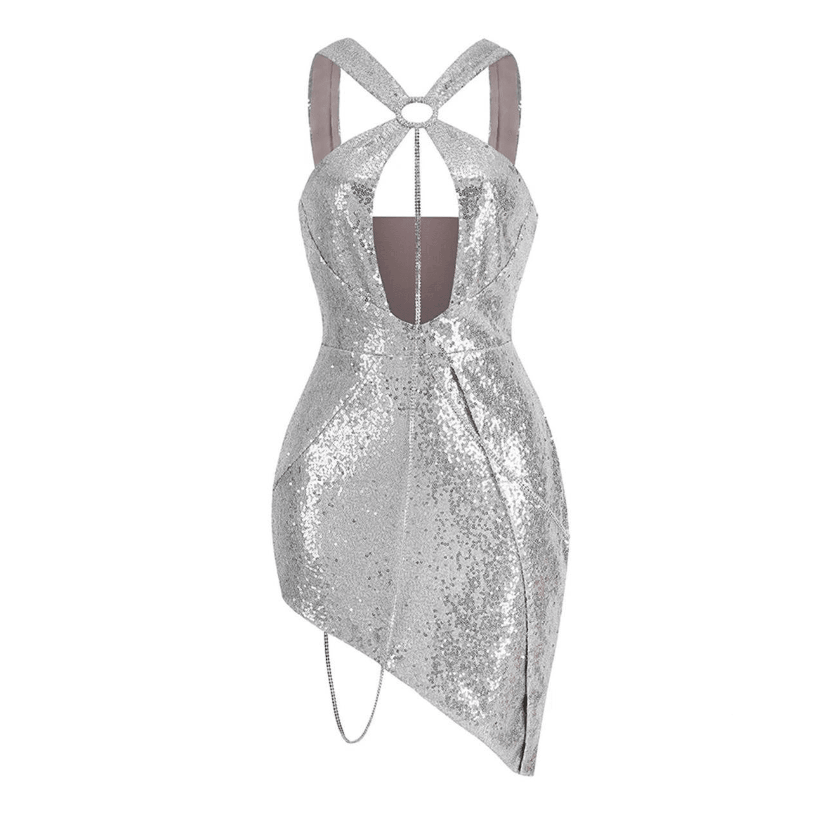 Sequin Halter Neck Cut Out Chain Asymmetric Mini Dress