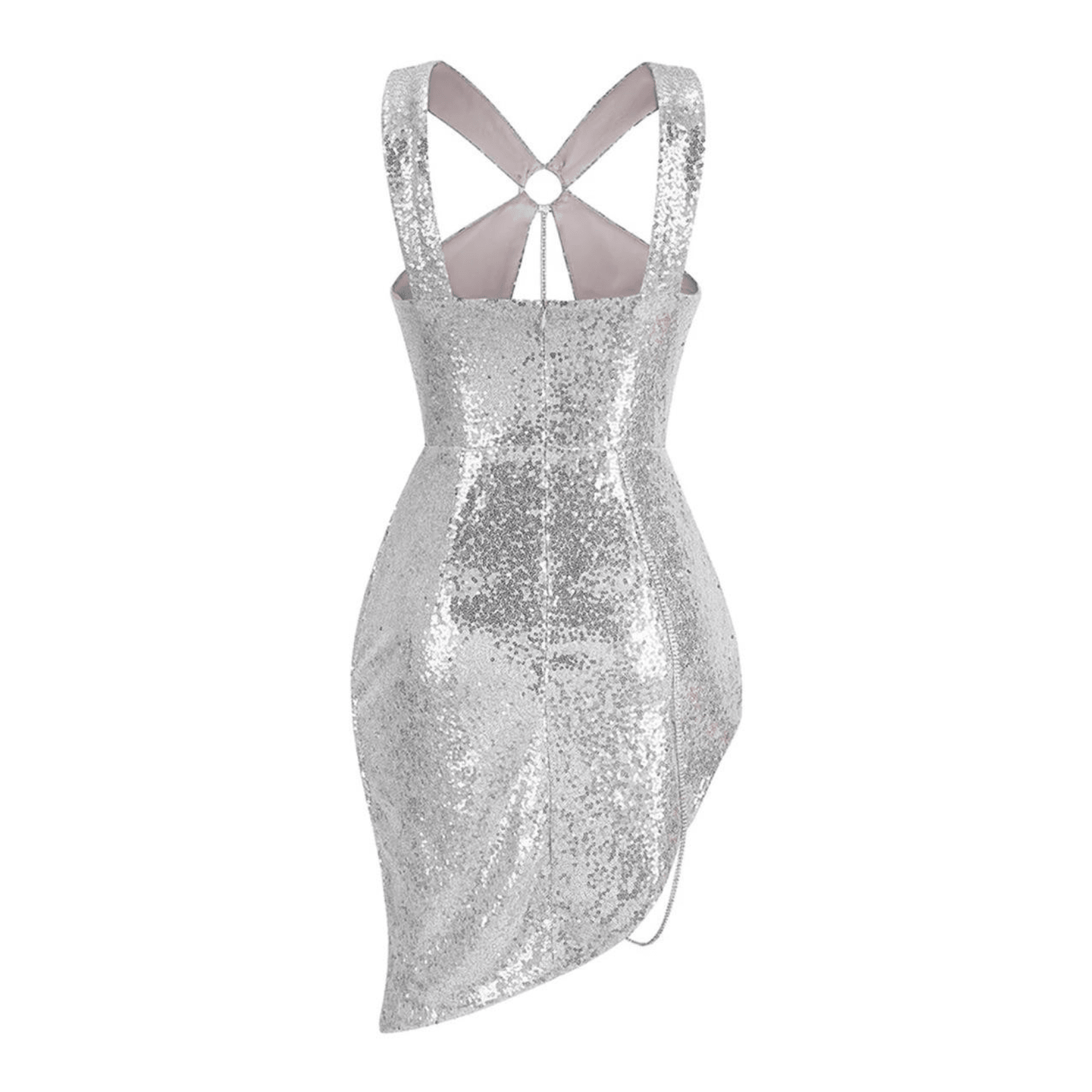 Sequin Halter Neck Cut Out Chain Asymmetric Mini Dress