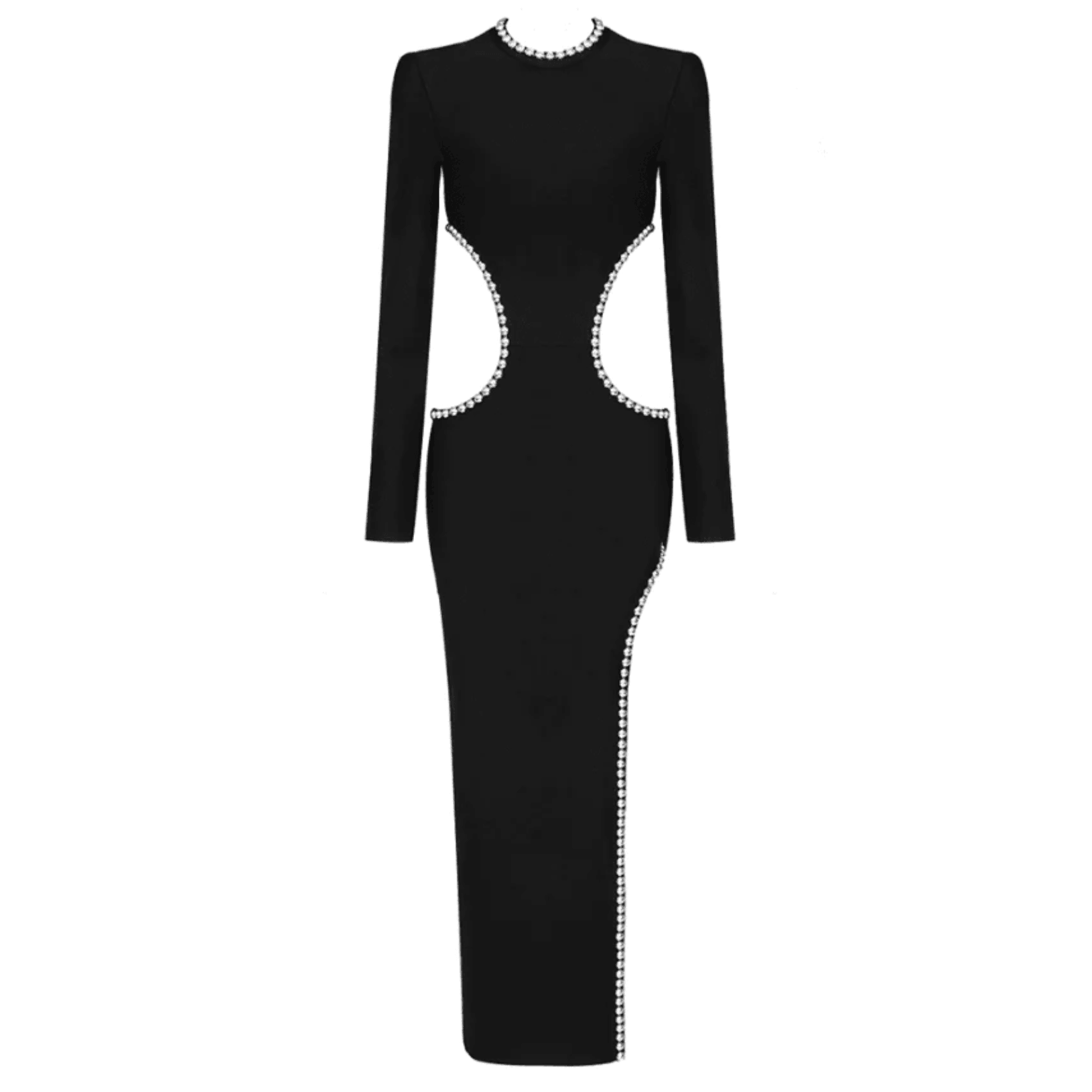 Cut Out Long Sleeve Beaded Trim High Split Bodycon Maxi Cocktail Dress