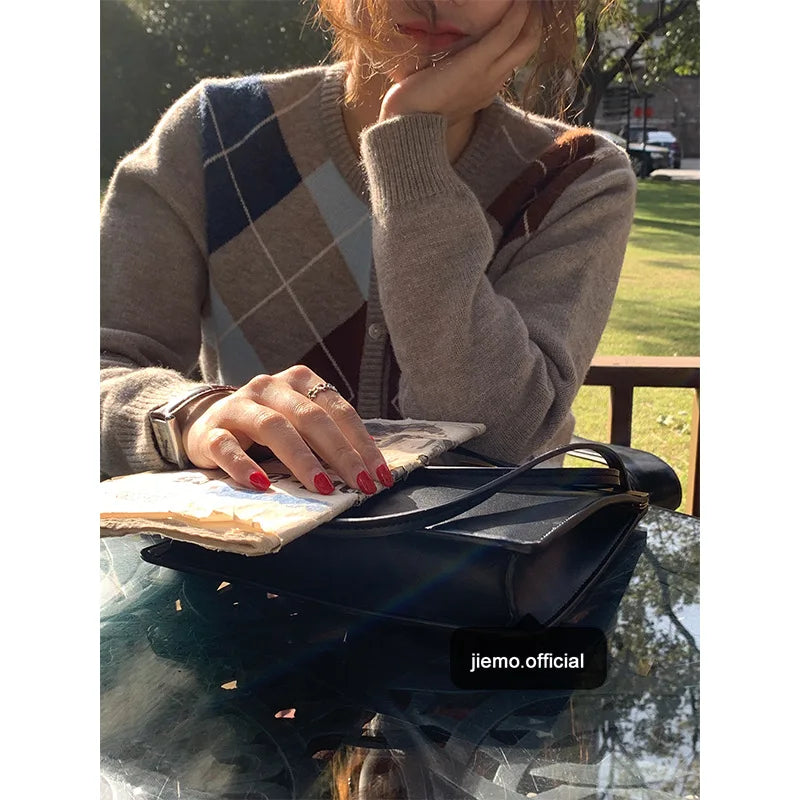 Plaid Round Neck Loose Knit Cardigan