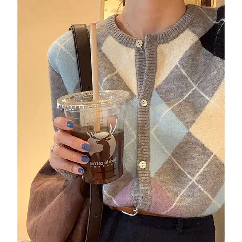 Argyle Crew Neck Button Front Long Sleeve Knit Cardigan