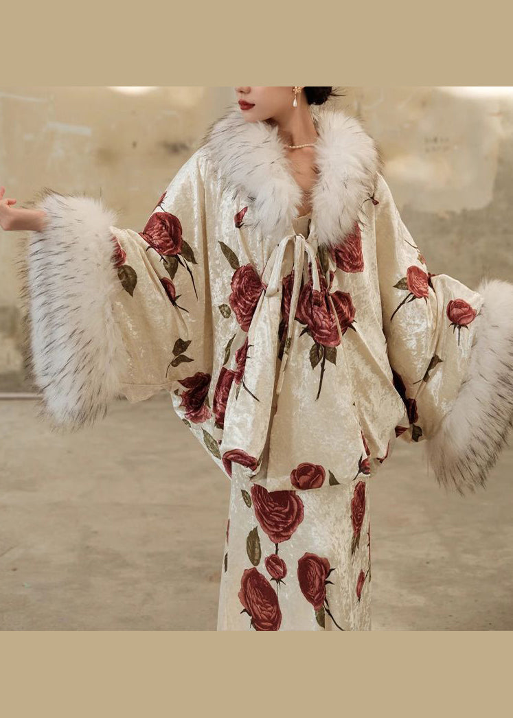 Rose Print Velvet Faux Fur Collar Coat and Maxi Dress Two Piece Set