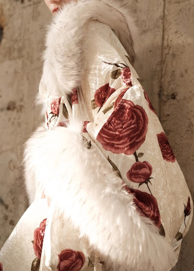Rose Print Velvet Faux Fur Collar Coat and Maxi Dress Two Piece Set