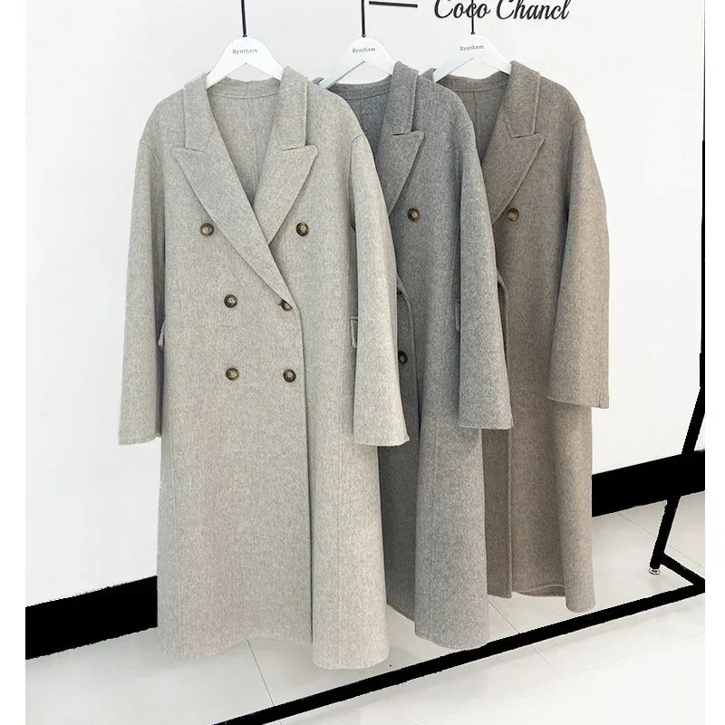 Double Breasted Peak Lapel Belted Wool-Look Long Coat 5
