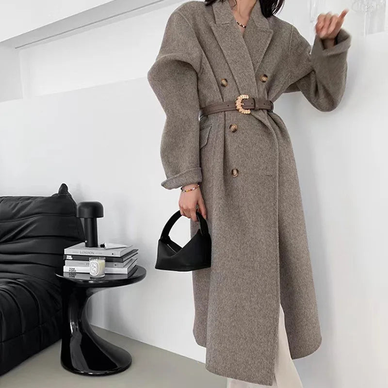 Double Breasted Peak Lapel Belted Wool-Look Long Coat 3