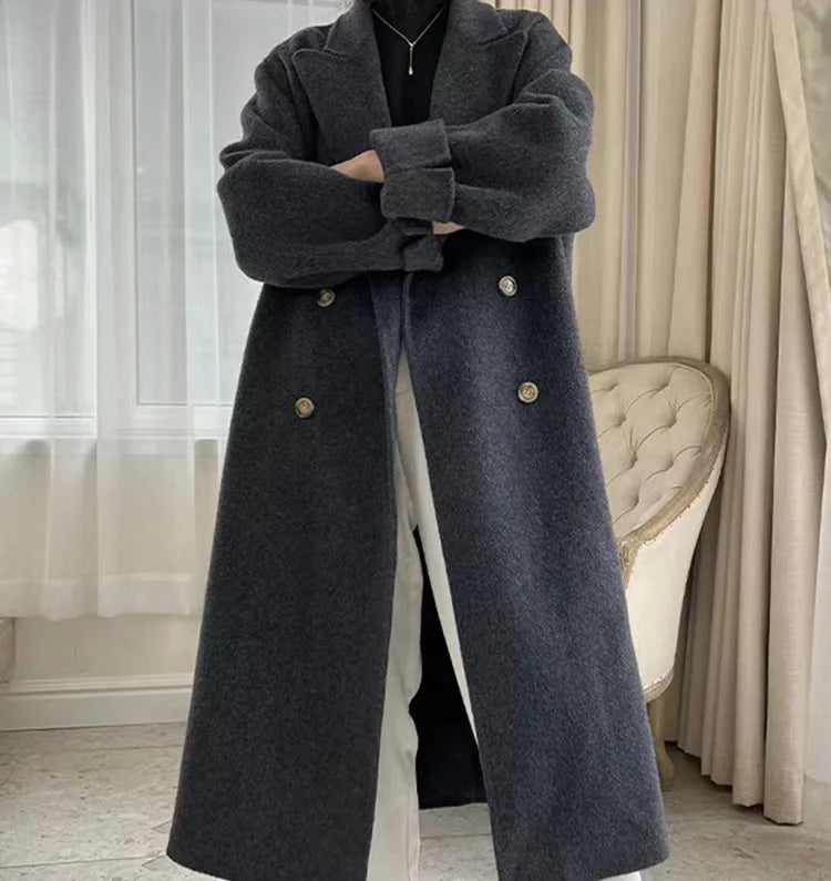 Double Breasted Peak Lapel Belted Wool-Look Long Coat 7