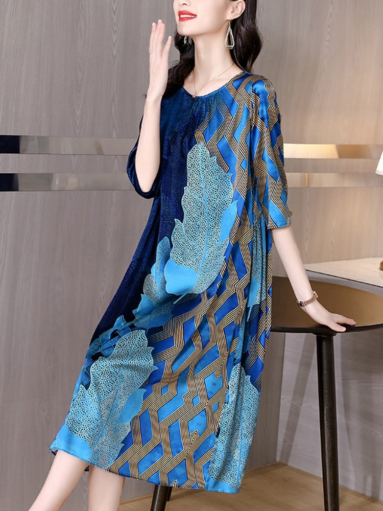 Botanical Print Three Quarter Sleeve Round Neck Patchwork A-Line Midi Dress
