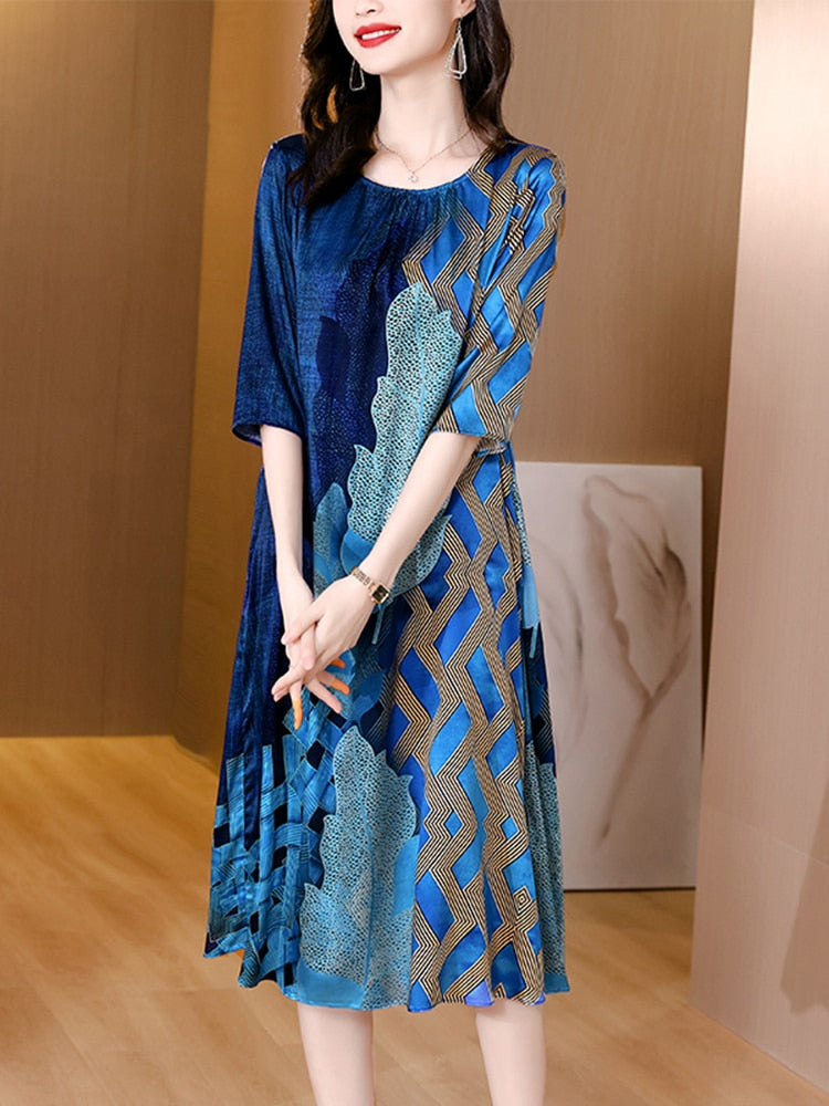 Botanical Print Three Quarter Sleeve Round Neck Patchwork A-Line Midi Dress
