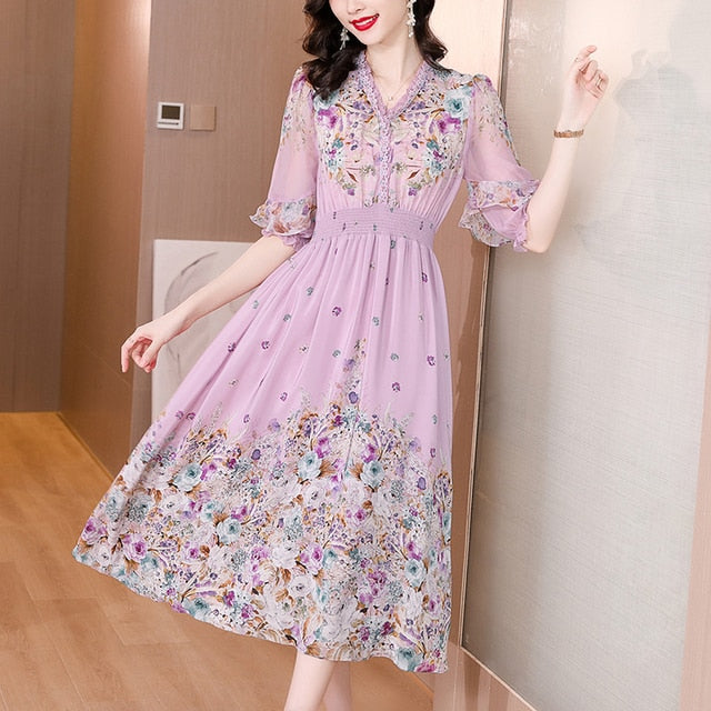 Fashion Floral Silk V-Neck Dress Butterfly Sleeve 7