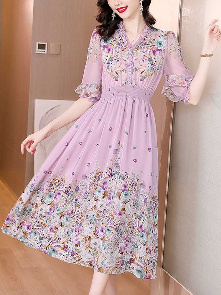 Floral Border Print V-Neck Flounce Sleeve Smocked Waist Midi Dress