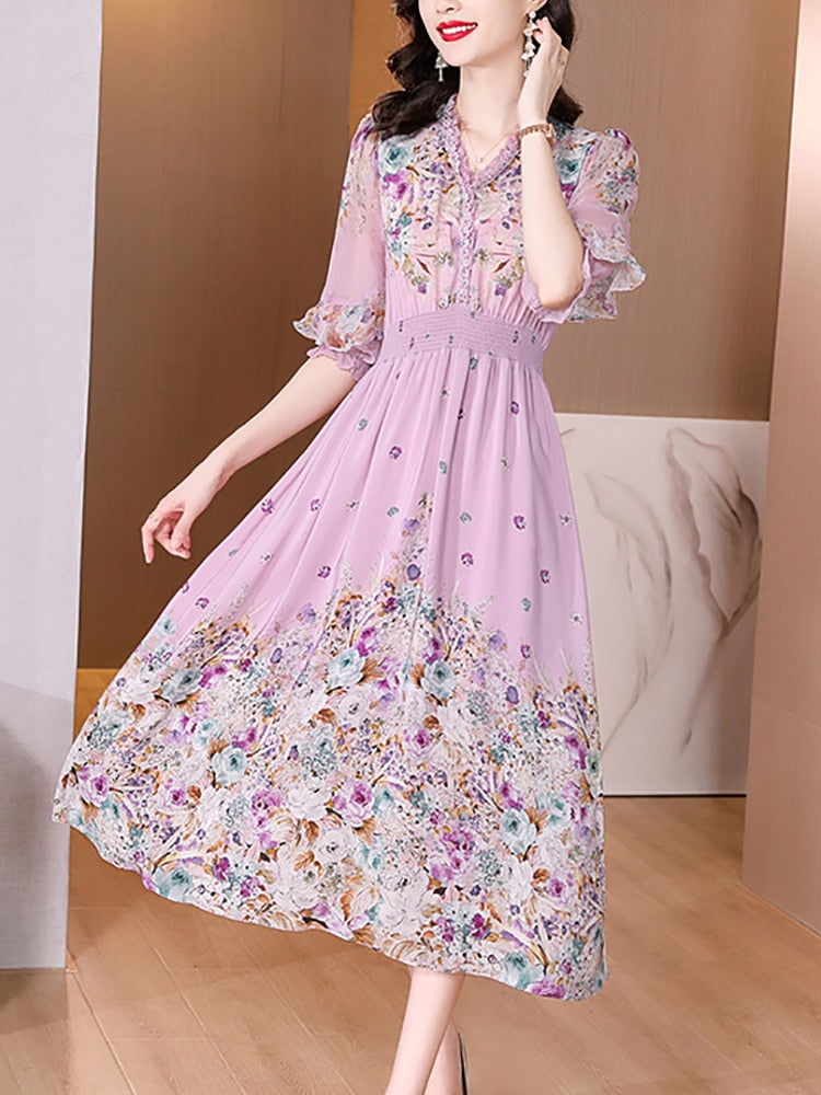 Fashion Floral Silk V-Neck Dress Butterfly Sleeve 3