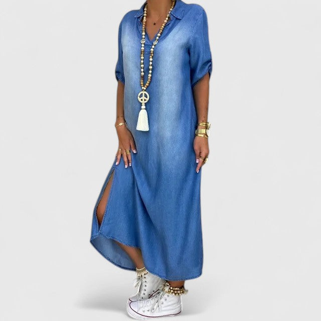 Collared Short Sleeve Denim Look Side Split Shirt Maxi Dress