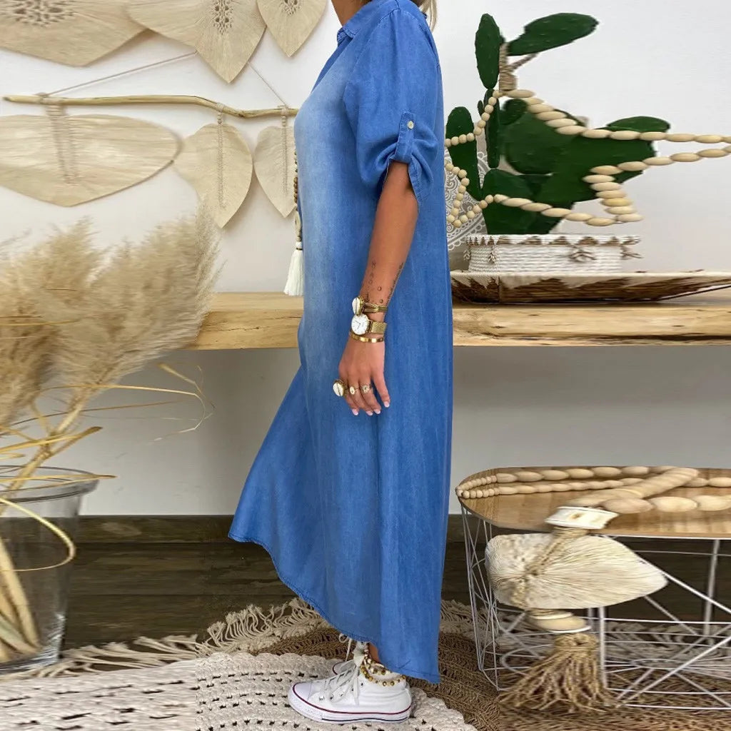 Lea™ | Long Denim Look Dress with Side Slit