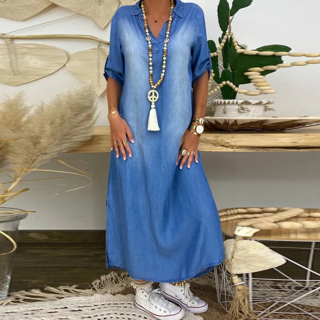 Lea™ | Long Denim Look Dress with Side Slit 3XL