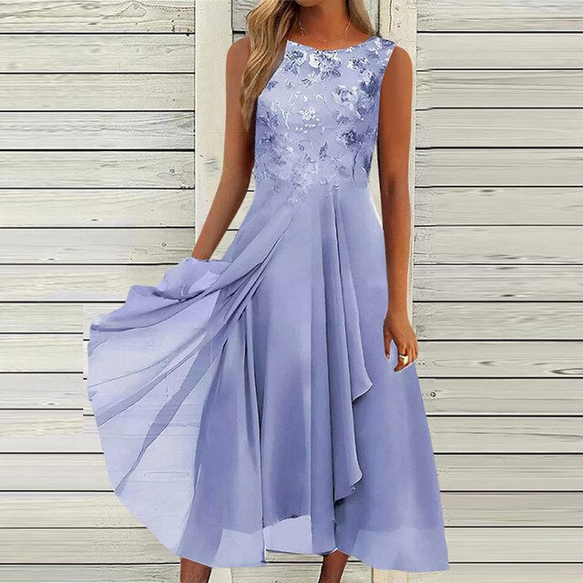 Floral Embroidered Round Neck Sleeveless Layered Handkerchief Hem Chiffon Midi Dress