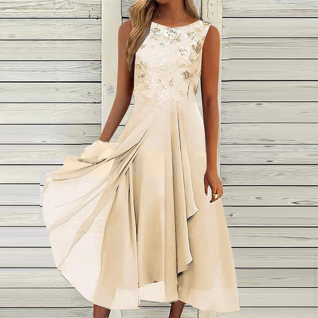 Floral Embroidered Round Neck Sleeveless Layered Handkerchief Hem Chiffon Midi Dress