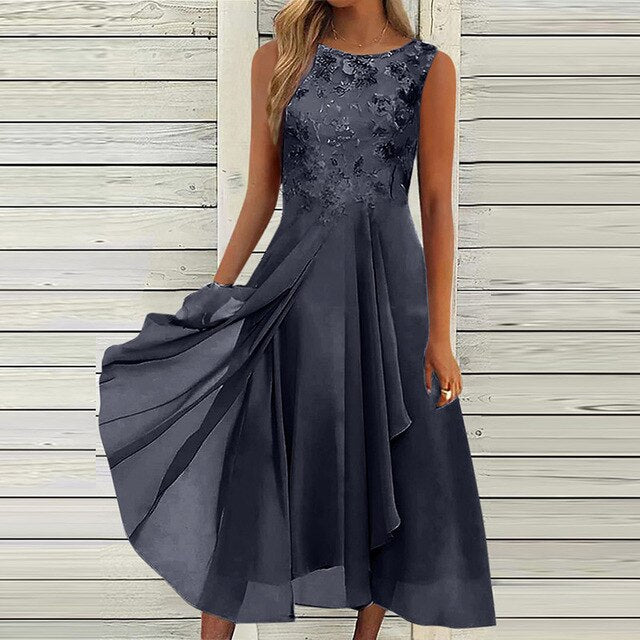 Floral Embroidered Round Neck Sleeveless Layered Handkerchief Hem Chiffon Midi Dress