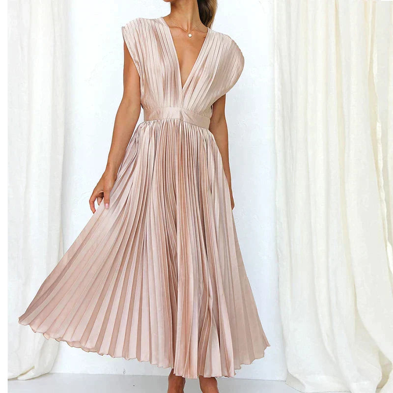 Delia Chic V Neck Maxi Dress with Pleats Boutique Edit