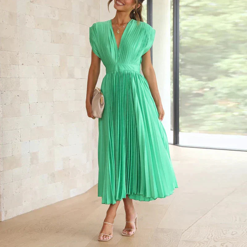 Delia Chic V Neck Maxi Dress with Pleats Boutique Edit