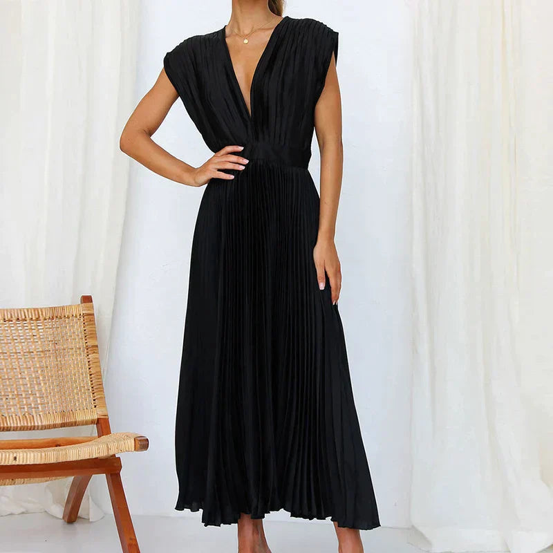 Delia Chic V Neck Maxi Dress with Pleats Boutique Edit