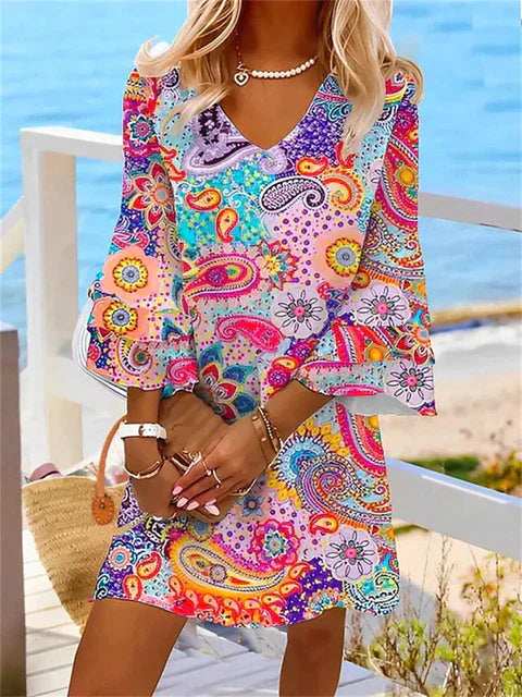 Paisley Print V-Neck Bell Sleeve Shift Mini Summer Dress