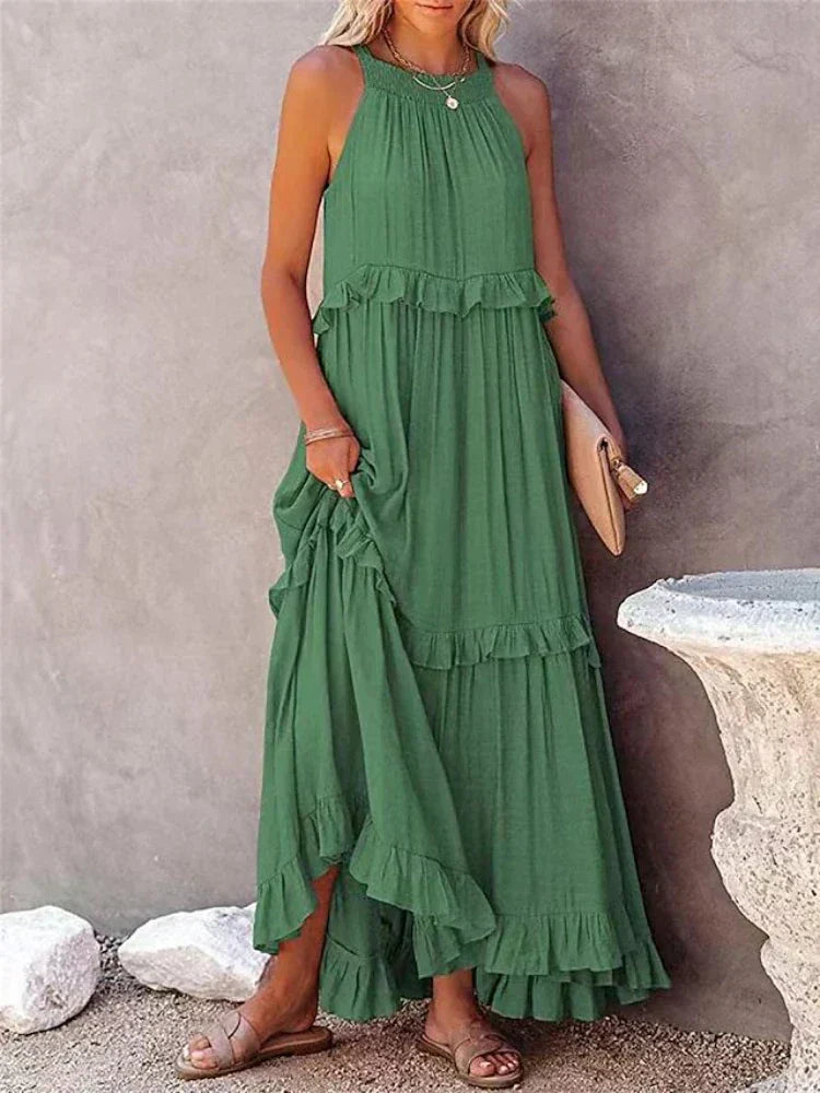 Halter Neck Sleeveless Tiered Ruffle Flowy Maxi Summer Dress