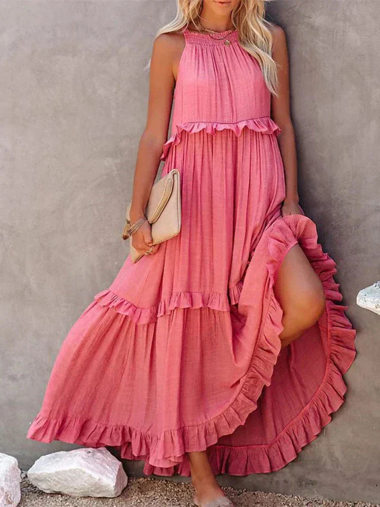 Halter Neck Sleeveless Tiered Ruffle Flowy Maxi Summer Dress