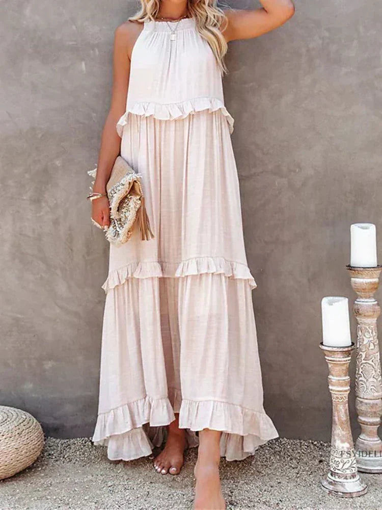 Halter Neck Sleeveless Tiered Ruffle Flowy Maxi Summer Dress