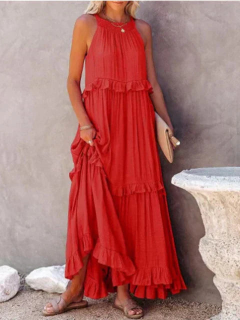 Halter Neck Sleeveless Tiered Ruffle Flowy Maxi Summer Dress