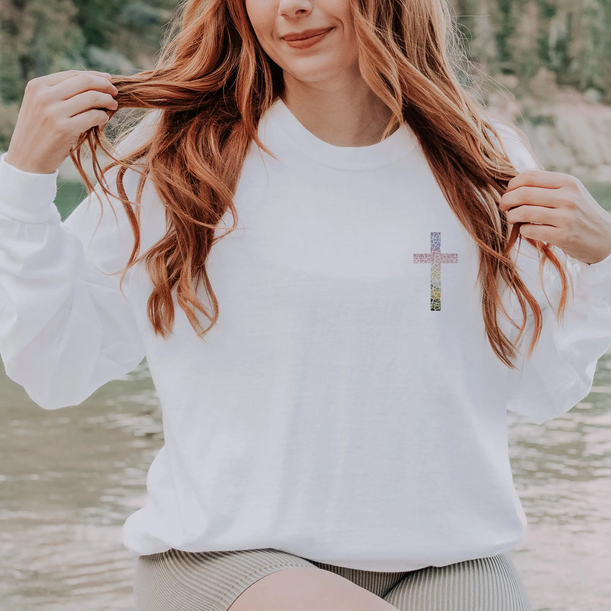 Crew Neck Long Sleeve Glitter Cross Graphic Oversized Sweatshirt 2