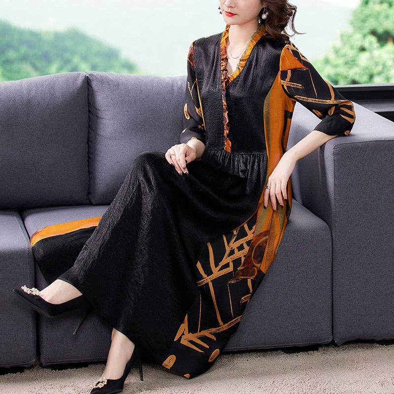 Crinkle Texture V-Neck Ruffle Collar Three Quarter Sleeve Abstract Print Panel Maxi Dress