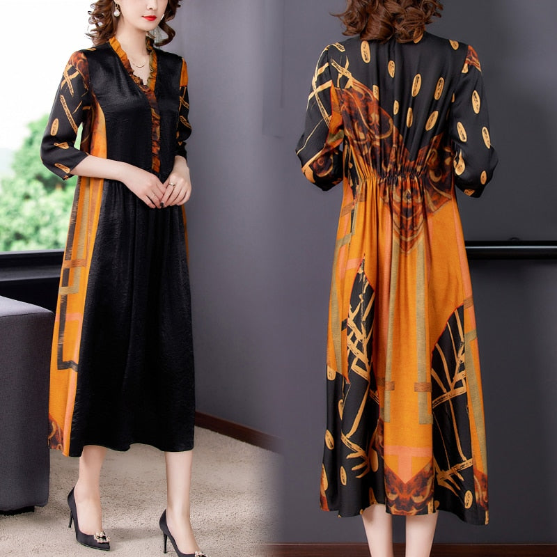 Crinkle Texture V-Neck Ruffle Collar Three Quarter Sleeve Abstract Print Panel Maxi Dress