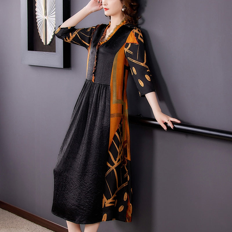 Crinkle Texture V-Neck Ruffle Collar Three Quarter Sleeve Abstract Print Panel Maxi Dress