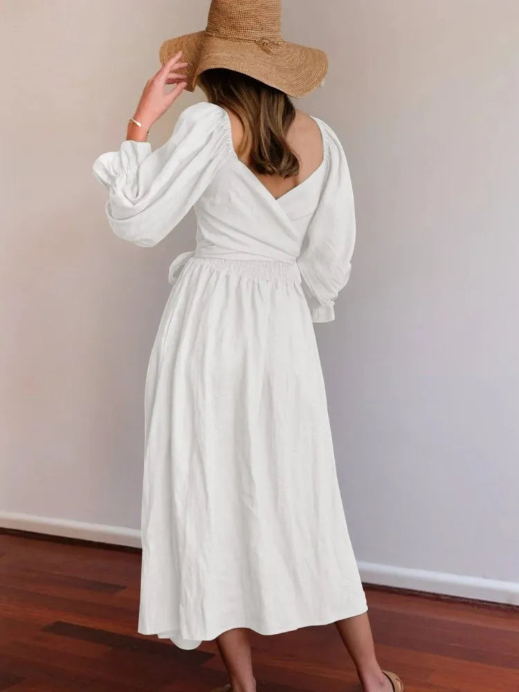 Square Neck Smocked Puff Sleeve Tie Waist Flowy Maxi Summer Dress
