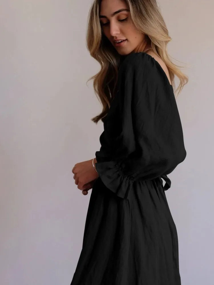 Square Neck Smocked Puff Sleeve Tie Waist Flowy Maxi Summer Dress