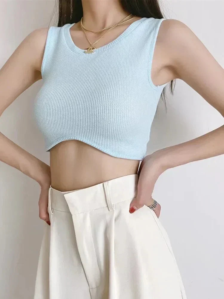 2024 Summer Arrival Women Causal Solid Color Knit O-Neck Streetwear Schoolwear Tank Top Blue / S