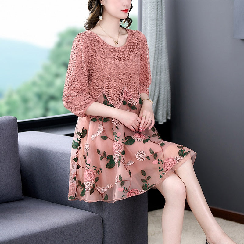 Embroidered Floral Bird Geometric Lace Overlay Zigzag Hem Round Neck 3/4 Sleeve Midi Dress