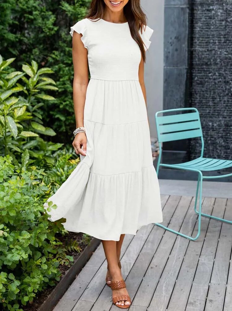 Smocked Flutter Sleeve Tiered Midi Dress 17