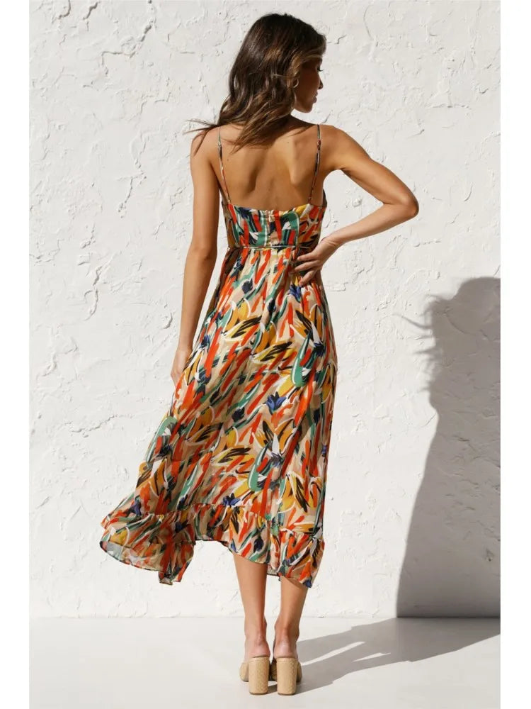 Spaghetti Strap Sweetheart Bustier Tie Waist Ruffle Hem A-Line Midi Dress