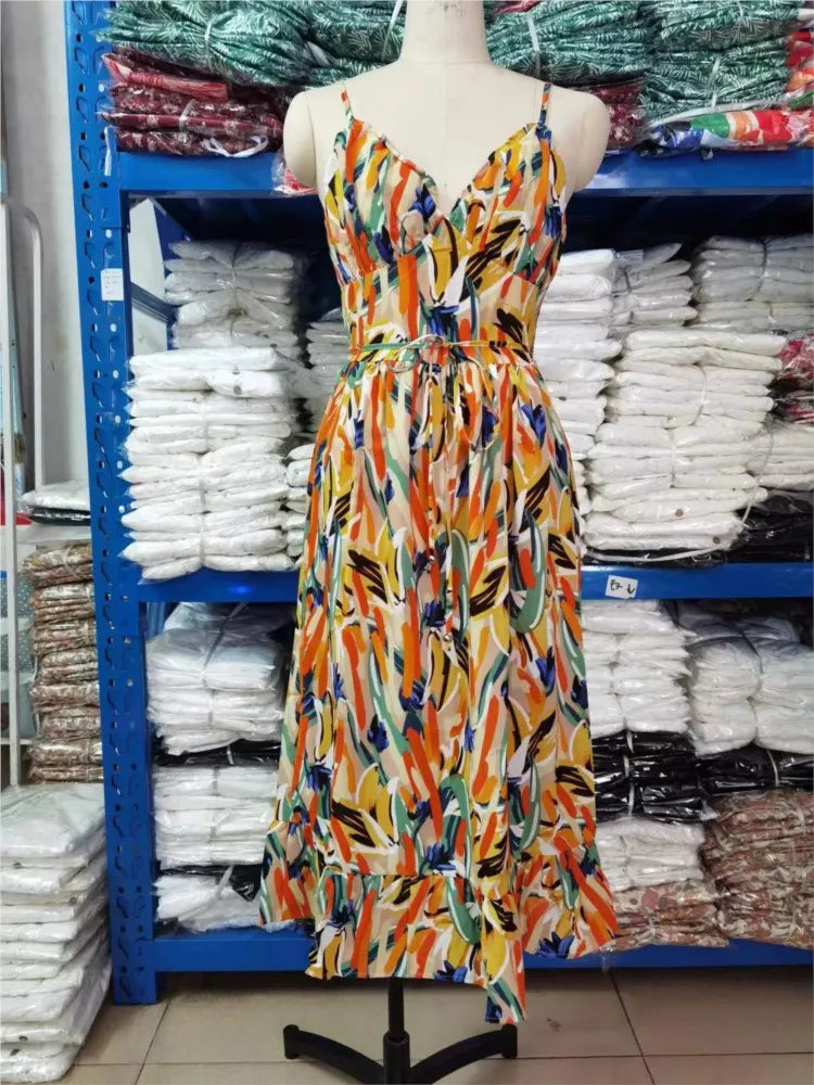 Spaghetti Strap Sweetheart Bustier Tie Waist Ruffle Hem A-Line Midi Dress